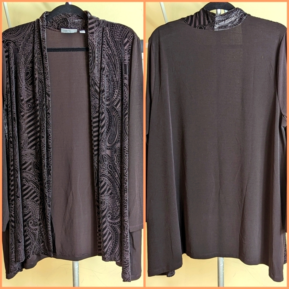 Susan Graver open front brown duster burnt velvet front sz XL